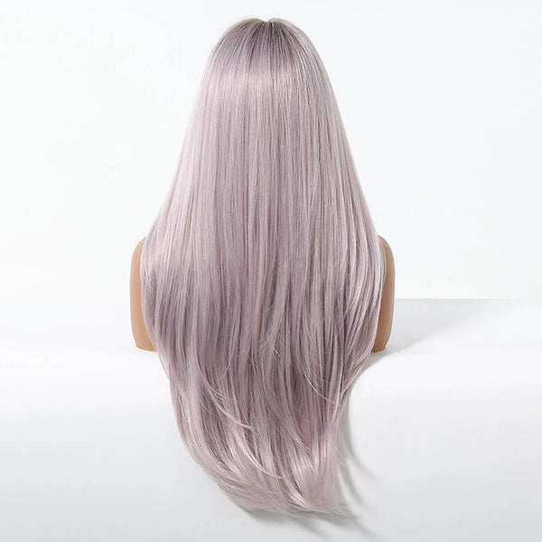 Back view of long pastel purple wig showing length and texture