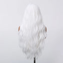 Back view of long white synthetic wig on mannequin – heat-resistant wavy white wig with middle part