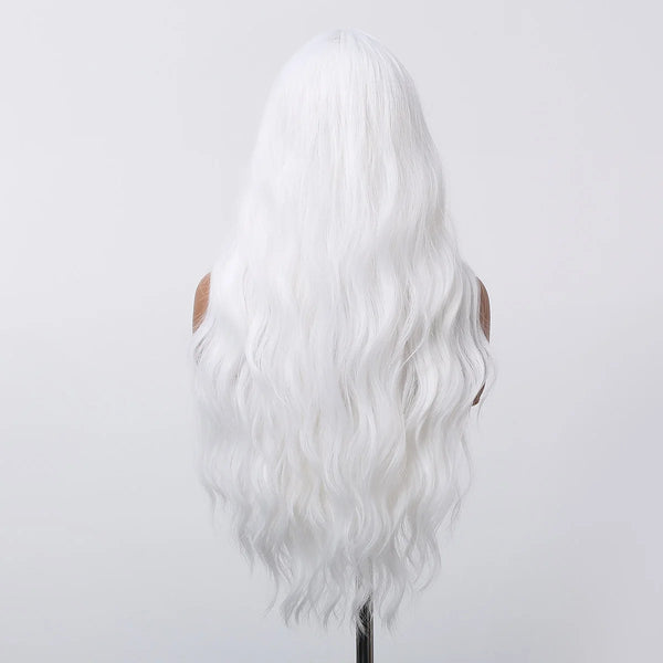 Back view of long white synthetic wig on mannequin – heat-resistant wavy white wig with middle part