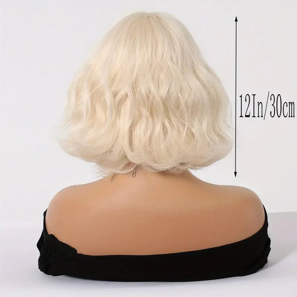 Back view of shoulder-length wavy blonde wig – natural volume and bounce