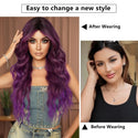 Before and after comparison of a woman with purple wig and a change in hairstyle.