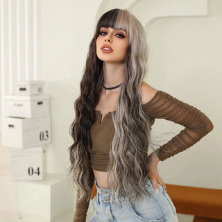Black to grey ombré wig with long wavy layers and fringe – front view