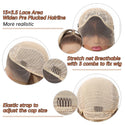 Wig cap with lace area, stretch net, and elastic strap features on a white background.