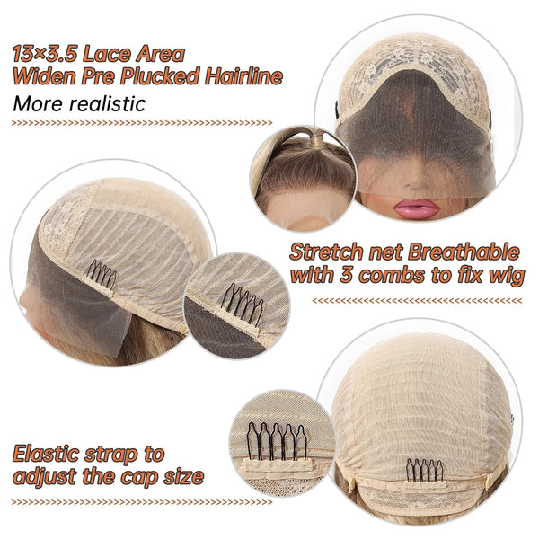Wig cap with lace area, stretch net, and elastic strap features on a white background.