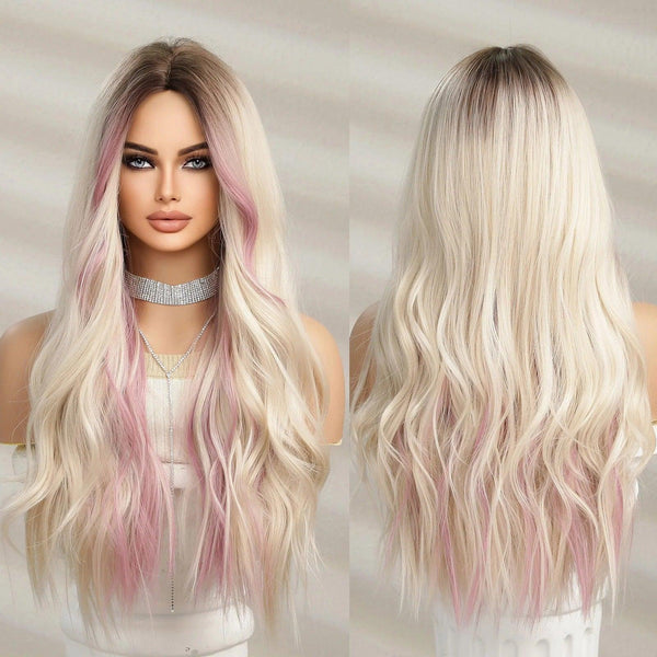 Blonde and Pink Wig on Mannequin – Front View
