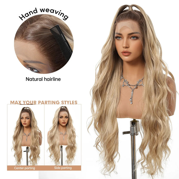 Blonde wig on a mannequin head with styling options and natural hairline illustration.