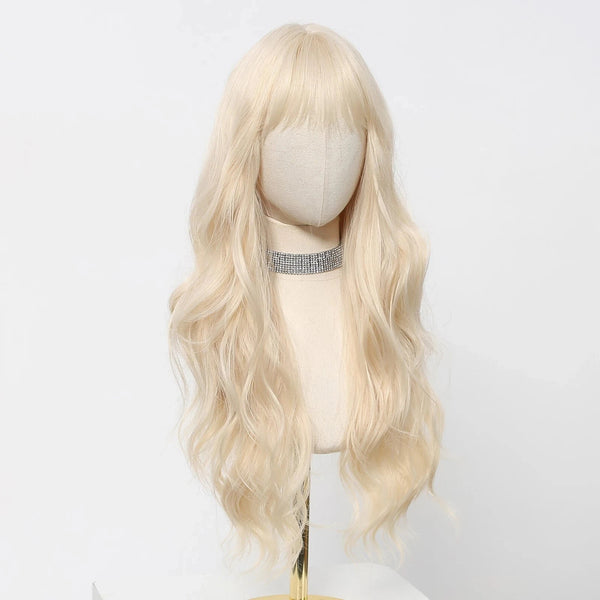 Blonde wig on mannequin head with adjustable wig cap