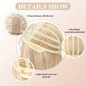 Blonde wig with detailed features on a beige background