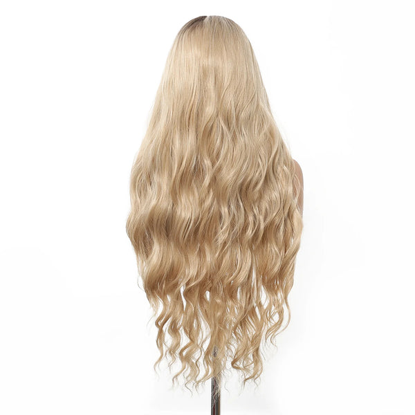 Blonde wig with wavy hair on a white background