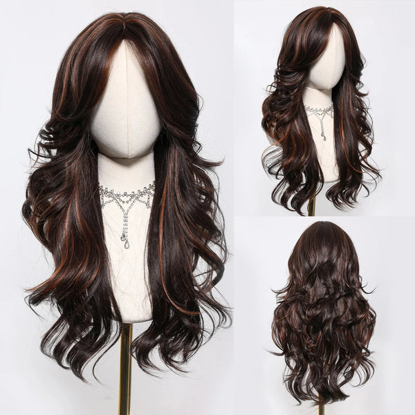 Brown wig displayed on a mannequin head with three different angles shown.