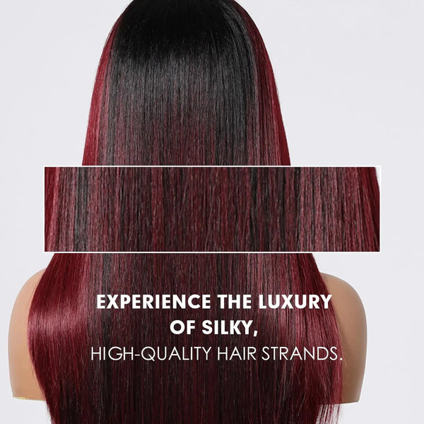 Close-up of Red Wig with a gradient from black to red, accompanied by text promoting high-quality hair strands.