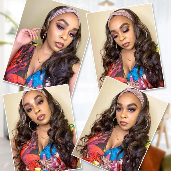 Collage of a woman with curly brown headband wig in four different frames.