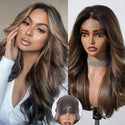 Comparison of a woman with long brown hair wig on a mannequin head.