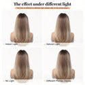 Comparison of blonde wig hair color under different lighting conditions on a white background.