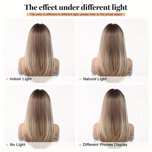 Comparison of blonde wig hair color under different lighting conditions on a white background.