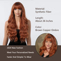 Dark Copper Red Wig on a mannequin with product details on a white background