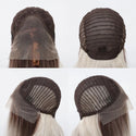 Four views of a blonde hair wig with a lace front and synthetic hair.