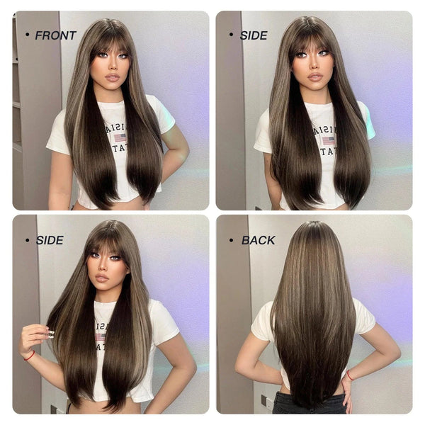 Four views of a person with long brown hair wig, front, side, back, on a plain background.