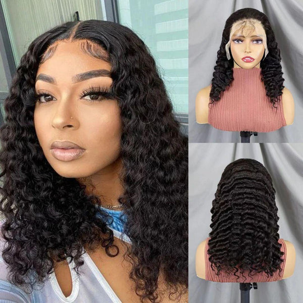 Front view of 13x4 brown lace front human hair wig with natural curls