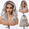 Front and back view of long silver grey lace front wig displayed on mannequin head
