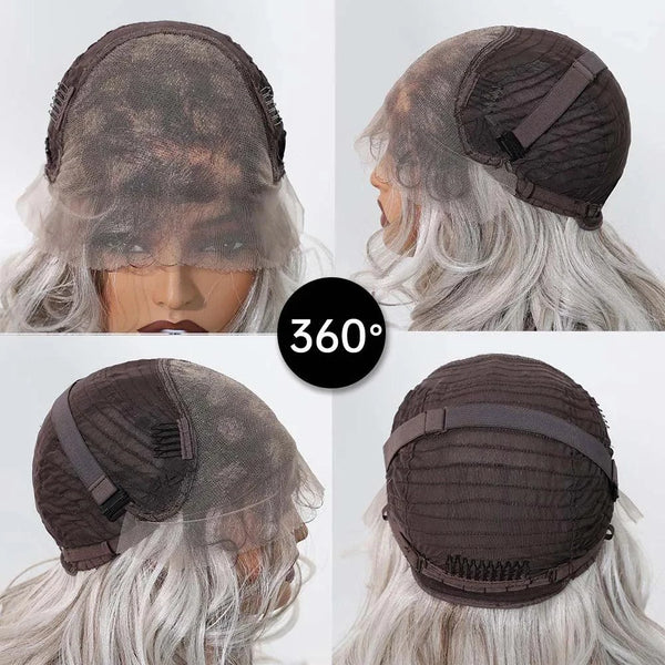 Interior view of silver grey wig cap showing adjustable straps and breathable mesh