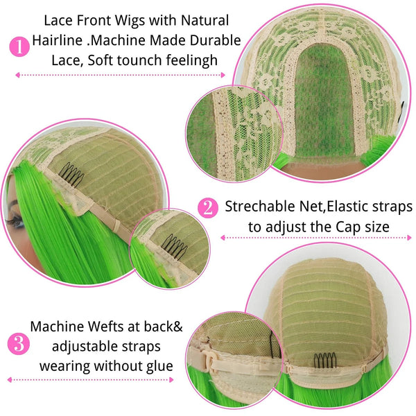 Lace front wig with features highlighted, including machine-made durable lace and stretchable net.