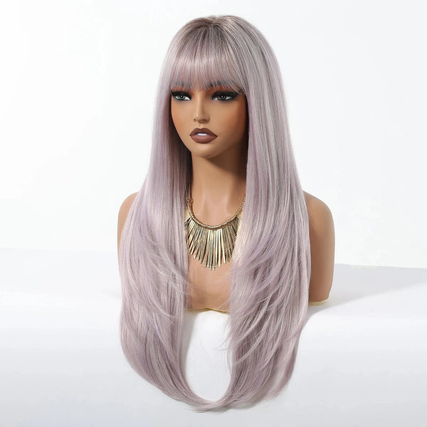 Mannequin head with light purple wig with bangs on a white background
