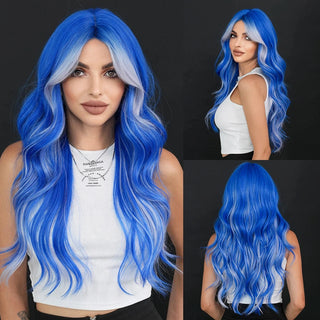 Model wearing long electric blue wig with silver highlights – front view