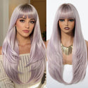 Model wearing long pastel purple wig with bangs