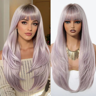 Model wearing long pastel purple wig with bangs