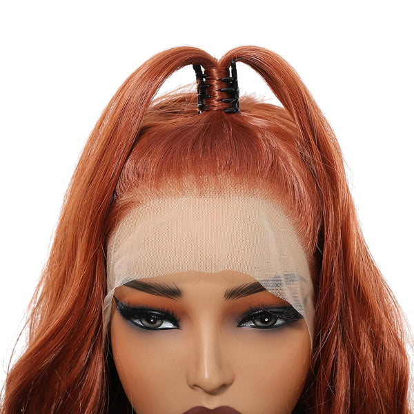Reddish-brown wig with a lace front on a white background