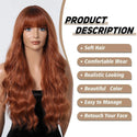 Redhead wig on a mannequin head with product description text.