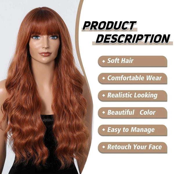 Redhead wig on a mannequin head with product description text.