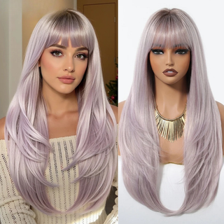 Side-by-side comparison of a woman with a purple wig and a mannequin head wearing a similar wig.