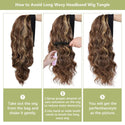 Step-by-step guide on how to avoid tangles in a long wavy headband wig.