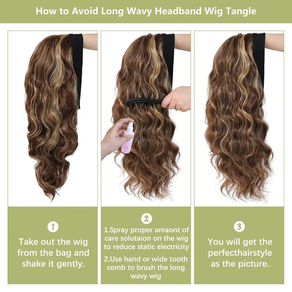Step-by-step guide on how to avoid tangles in a long wavy headband wig.