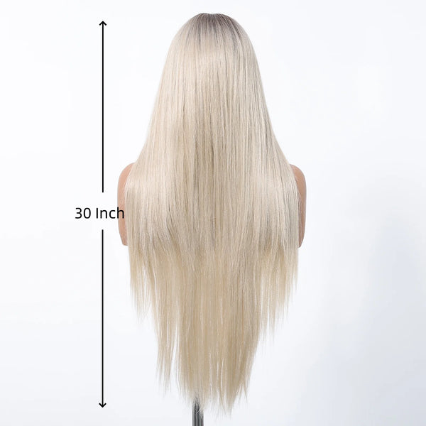 White Blonde Hair Wig on a mannequin head with measurement label indicating 30-inch length on a white background