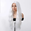 White long wavy wig shown on model and mannequin – synthetic cosplay wig with soft waves and bright bleach blonde finish