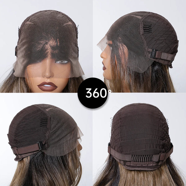 Wig with a lace front and adjustable straps shown from multiple angles on a white background.