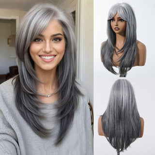 Woman wearing a silver wig on a mannequin head.