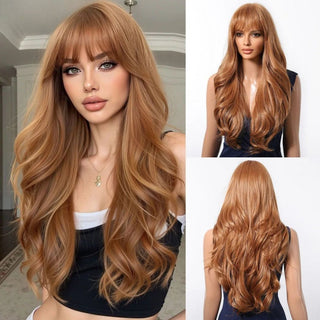 Woman wearing long auburn redhead wig with soft layers