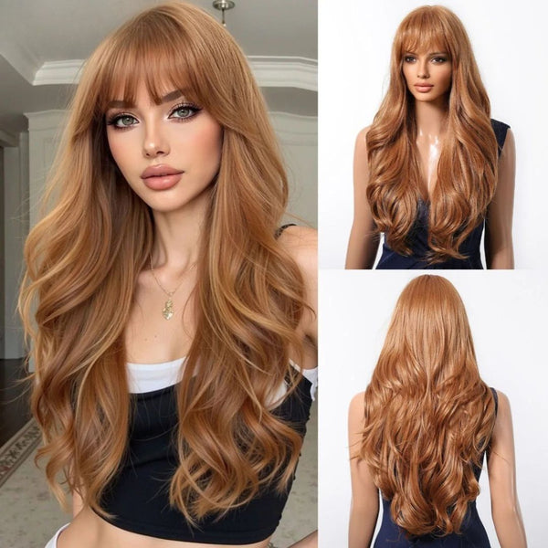 Woman wearing long auburn redhead wig with soft layers