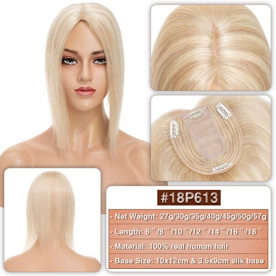 #18P613 Mixed Blonde Hair Topper with close-up details on a mannequin head and base