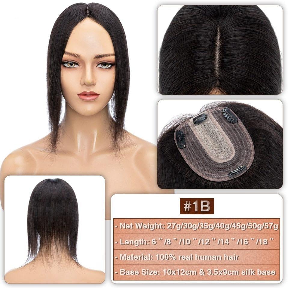 #1B Dark Brown / Black  Hair Topper on Mannequin head with black hair, close-up of hair extensions, and product details on a white background.
