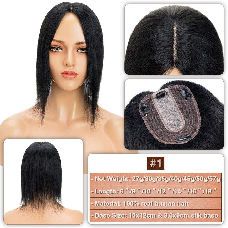 #1 Black hair topper on a mannequin head with close-up details and product information.