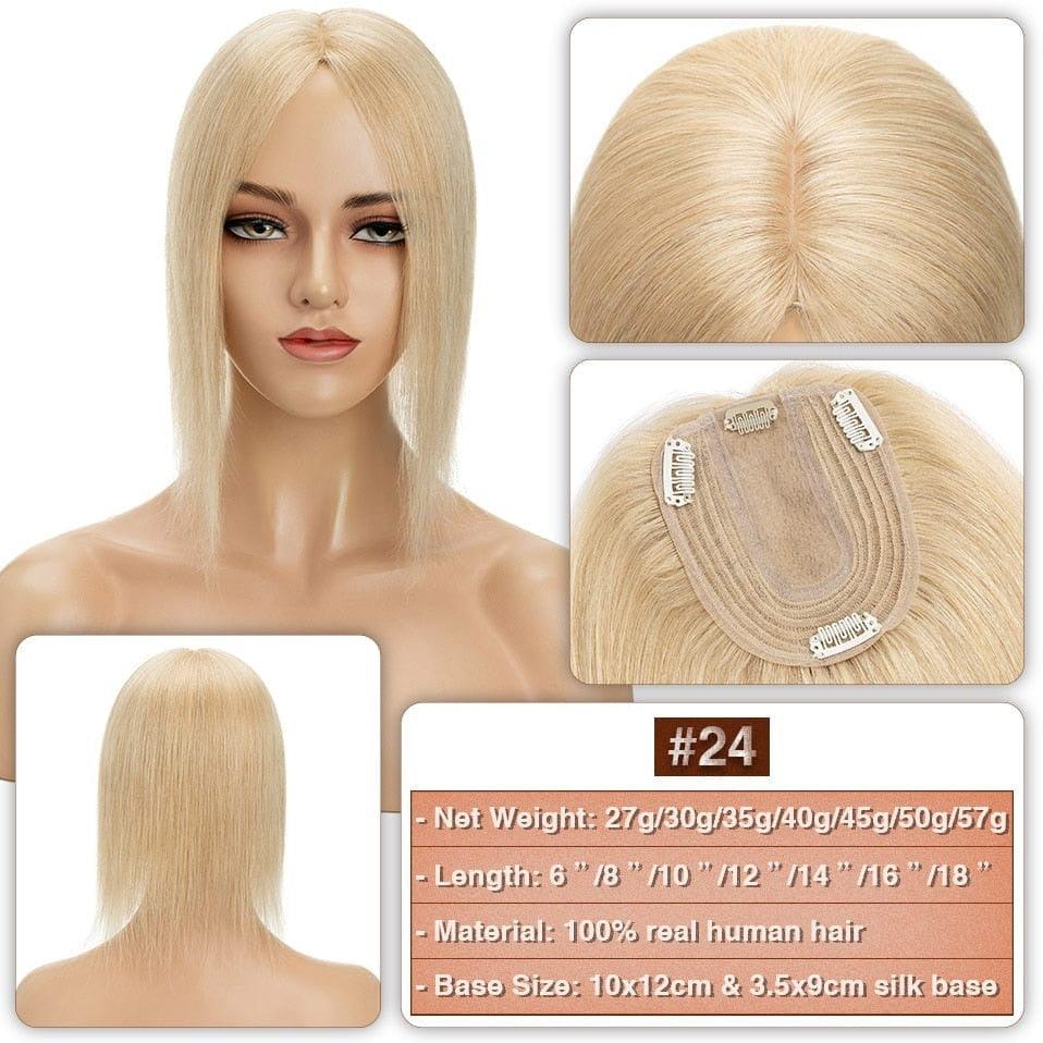 #24 Dark Blonde Hair Topper on a mannequin head with close-up details and product information.
