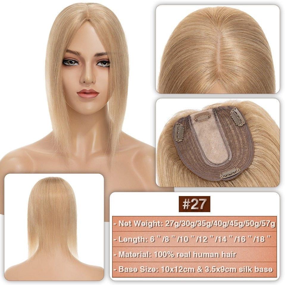 #27 Honey Blonde Hair Topper on a mannequin head with close-up details and product information.