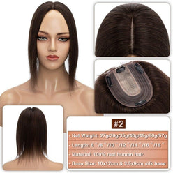 #2 Dark Brown Hair Topper product with mannequin head, close-up views, and specifications on a white background.
