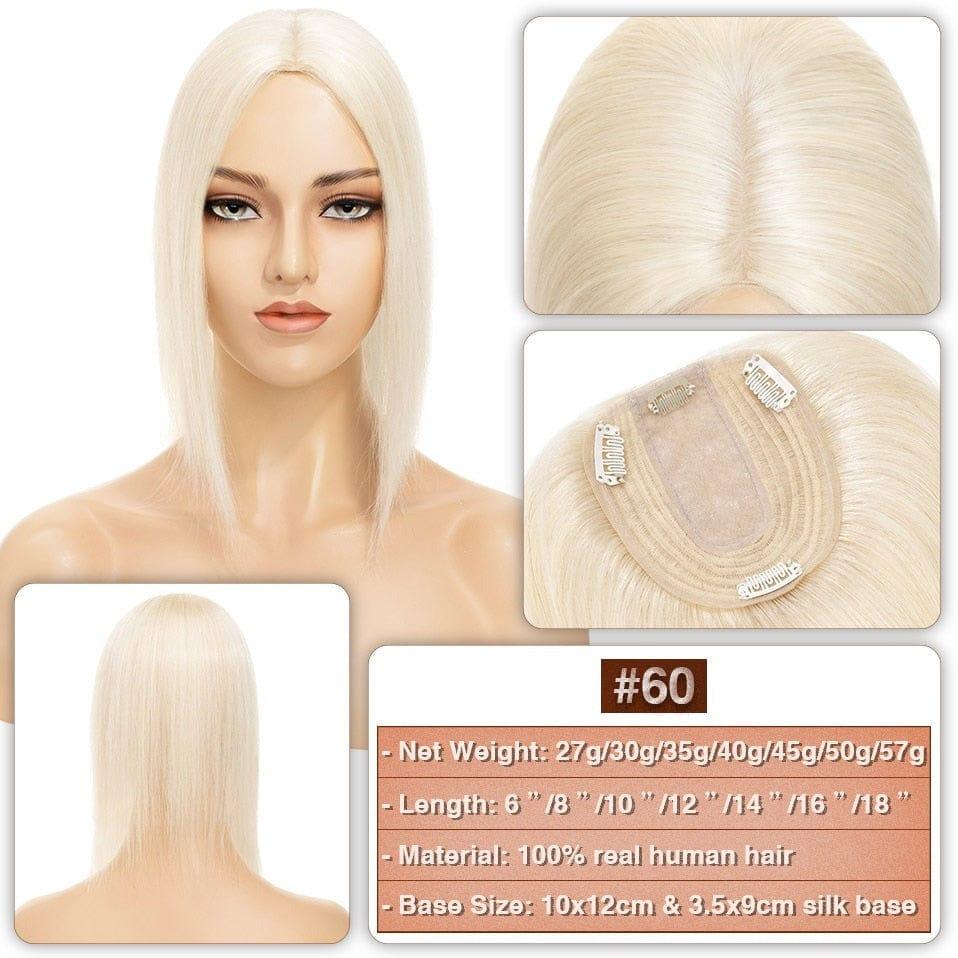 #60 Blonde Hair Topper on a mannequin head with close-up details and product information.
