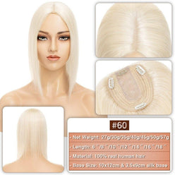 #60 Blonde Hair Topper on a mannequin head with close-up details and product information.